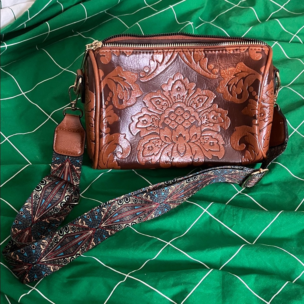 Brown Embossed Floral Leather Crossbody Bag